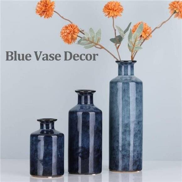 Blue Ceramic Vase Set of 3 Small Modern Farmhouse Decor Table Centerpiece - Picture 7 of 8